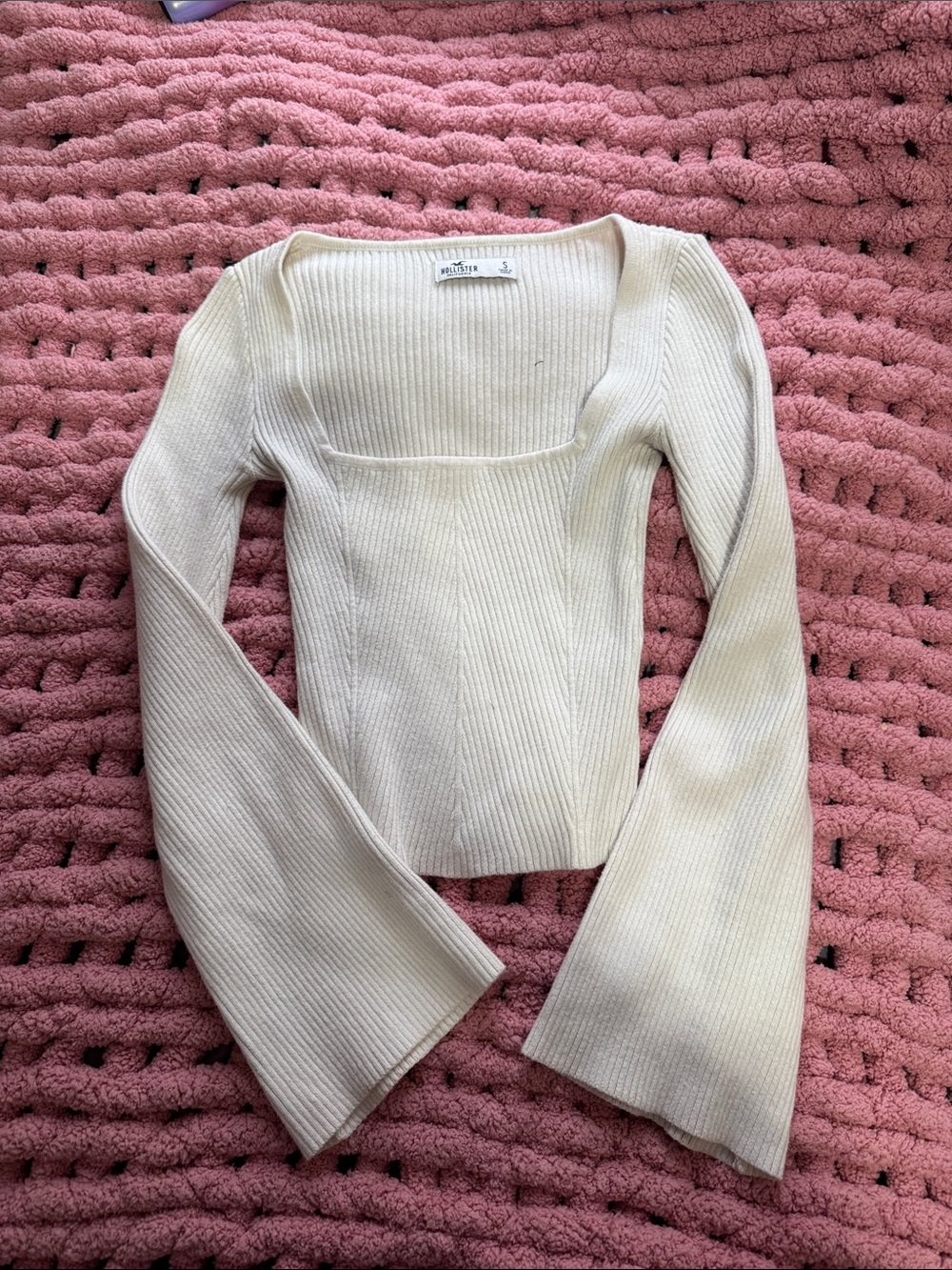 Hollister Cream Ribbed Square-Neck Long Sleeve Top